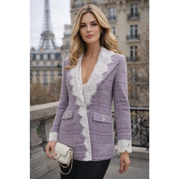 Marie Elle Jackets & Blazers - MARIE ELIE Lavender Tweed Wool Lace Trim Designer Blazer Metallic Jacket Sz L